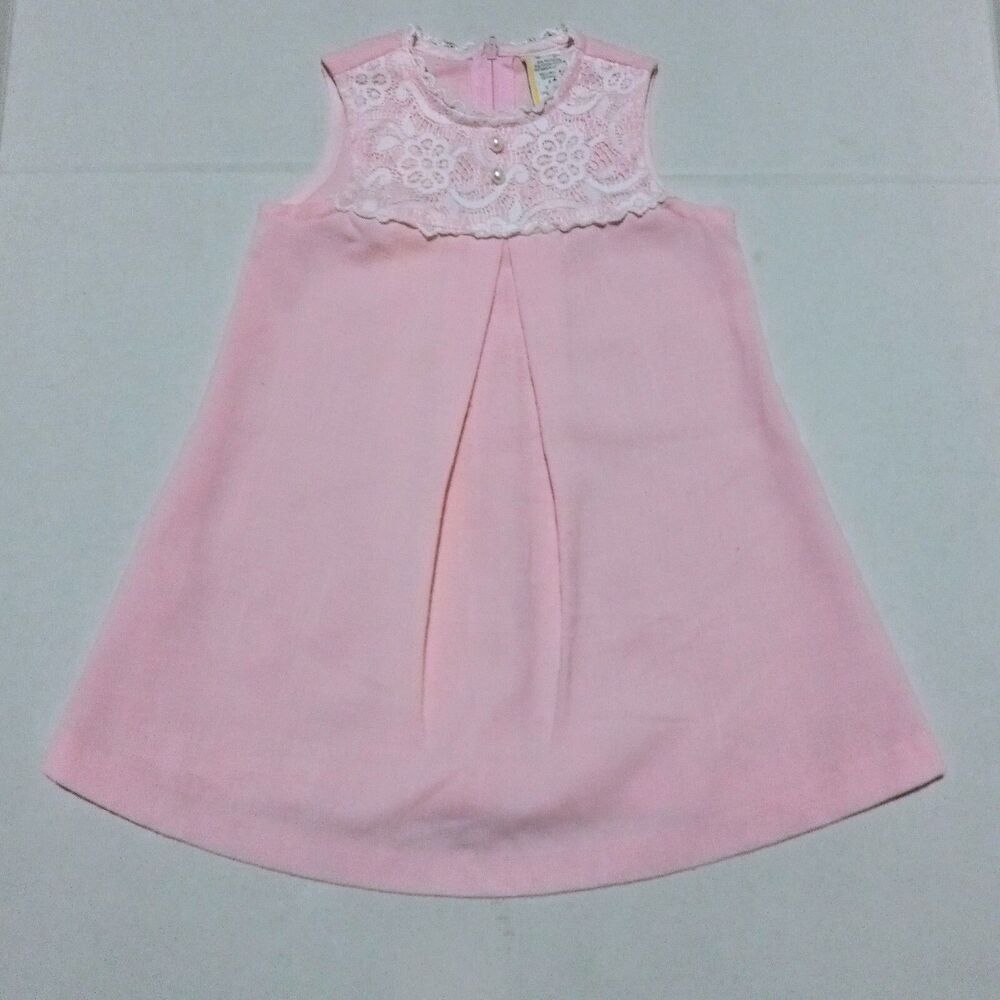 Vintage Baby Togs Sleeveless Dress-Size 2T-Pink-Lace Yoke-Faux Pearls-Trim
